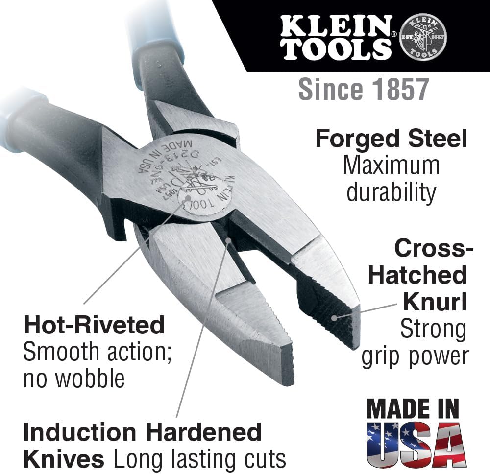 Klein Tools D213-9NE Pliers, Made in USA, 9-Inch Side Cutters, High Leverage Linesman Pliers Cut Copper