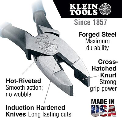 Klein Tools D213-9 Lineman's Square Nose Pliers, Made in USA, High Leverage Electrical Pliers with Induction Hardened Knives