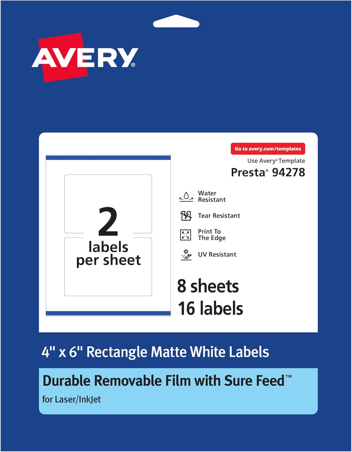 Avery Durable Removable Rectangle Labels, Sure Feed Technology, 4" x 6", Matte White Film