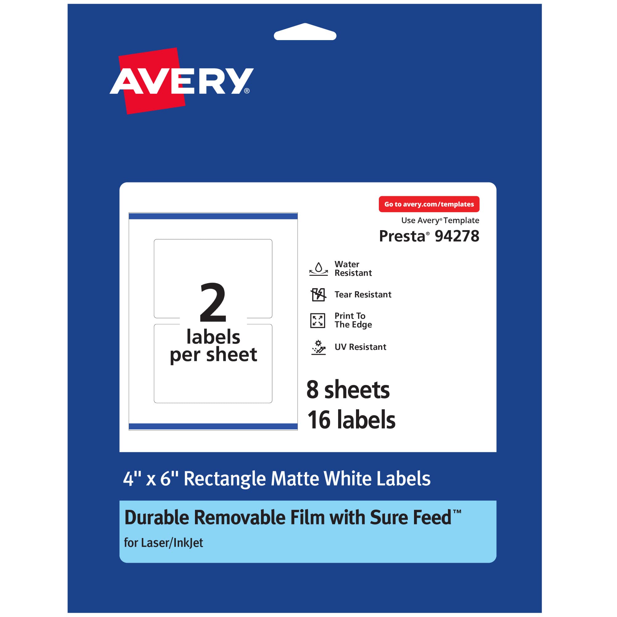 Avery Durable Removable Rectangle Labels, Sure Feed Technology, 4" x 6", Matte White Film