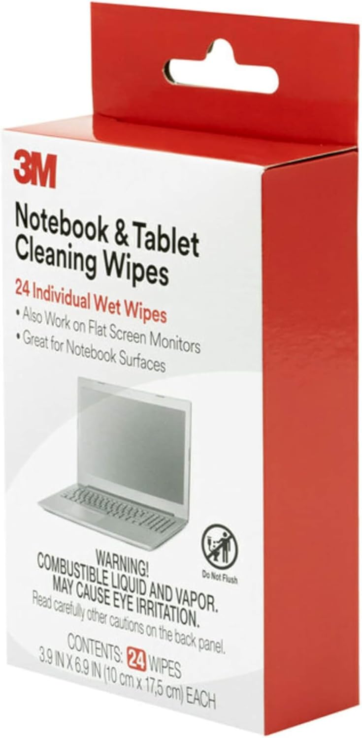 3M Notebook Screen Cleaning Wipes, 3.9 x 6.9 Inches (CL630), White, 24 individual wet wipes (Packaging may vary)