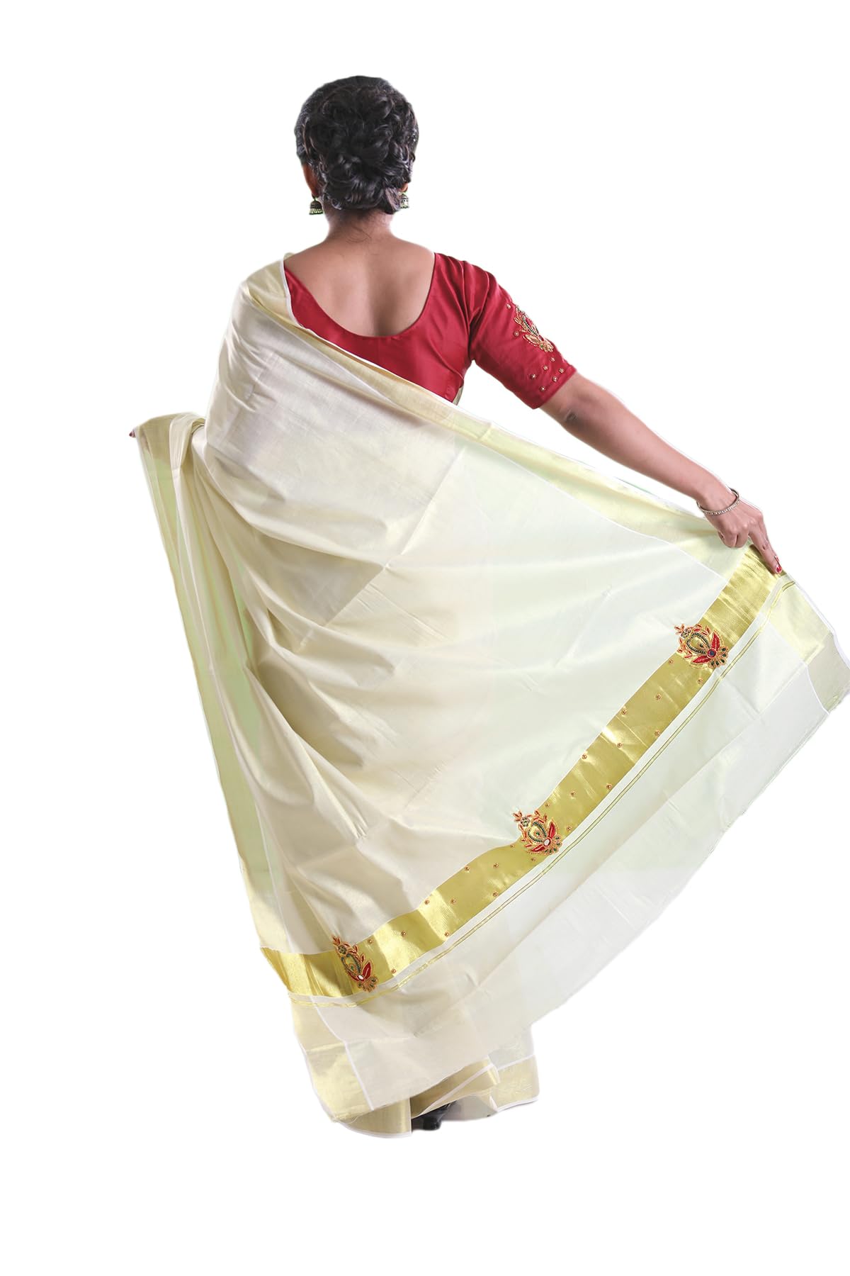 Kuthampully Kerala Kasavu Sarees For Women | Handcrafted Aari work Kerala Sarees | Tissue Onam Saree With Running Blouse | South Indian Sarees | Women's Zari Kasavu | Ekm-510 (Maroon)