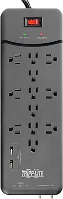 TRIPP LITE 12-Outlet Surge Protector Power Strip with Tel/Modem Protection, 8 ft Right-Angle Cord
