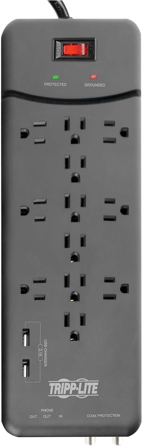 TRIPP LITE 12-Outlet Surge Protector Power Strip with Tel/Modem Protection, 8 ft Right-Angle Cord