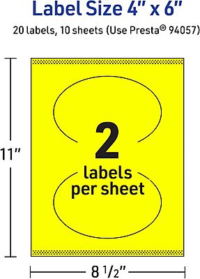 Avery Printable Oval Labels, Sure Feed Technology, 4" x 6", Neon Yellow Labels, Print-to-The-Edge, Laser/Inkjet Printable