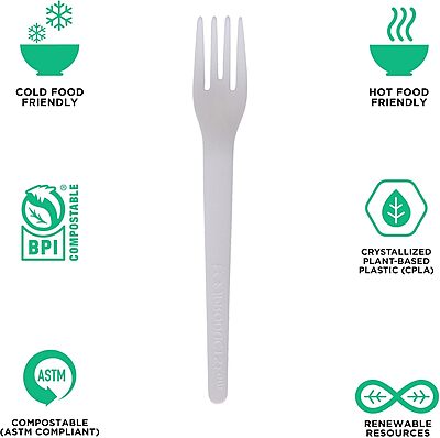 Eco-Products Compostable CPLA 6" Plastic Forks, Case of 1000, Disposable White Fork, Plantware Cutlery, Renewable Material Made from Plants, Sturdy and Strong, BPI-Certified