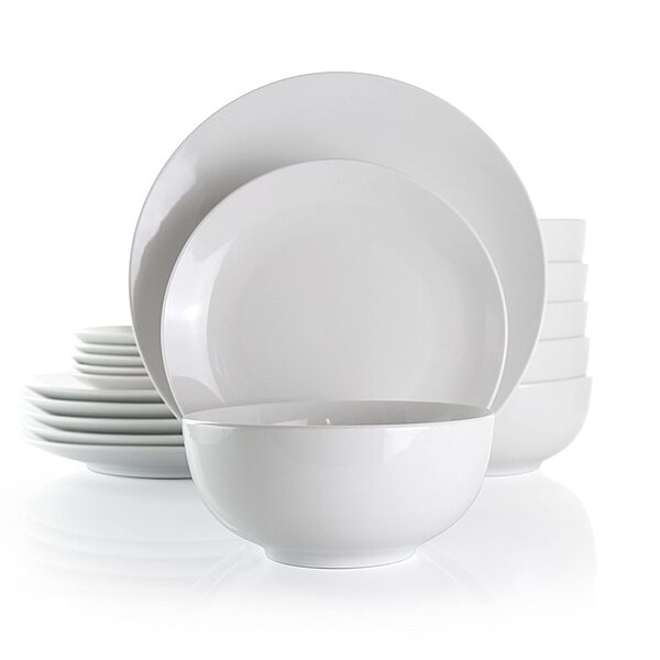 Elama White Porcelain Dish Dinnerware Set, 18 Piece, Luna 18 Piece Luna