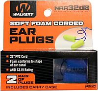 Walker's 32dB NRR Noise-Blocking ANSI S3.19 Hearing Protection Shooting Hunting Work Soft Comfortable 23" PVC Corded Foam Earplugs, 2 Pairs & Carrying Case 1 Count (Pack of 1)