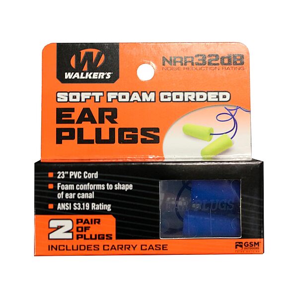 Walker's 32dB NRR Noise-Blocking ANSI S3.19 Hearing Protection Shooting Hunting Work Soft Comfortable 23" PVC Corded Foam Earplugs, 2 Pairs & Carrying Case 1 Count (Pack of 1)