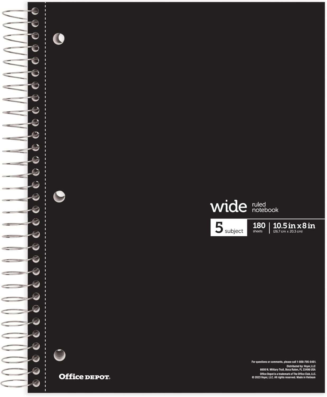 Office Depot® Wirebound Notebooks, 8" x 10-1/2", 5 Subjects, Wide Ruled, 180 Sheets, Assorted Colors, Pack Of 6 Notebooks