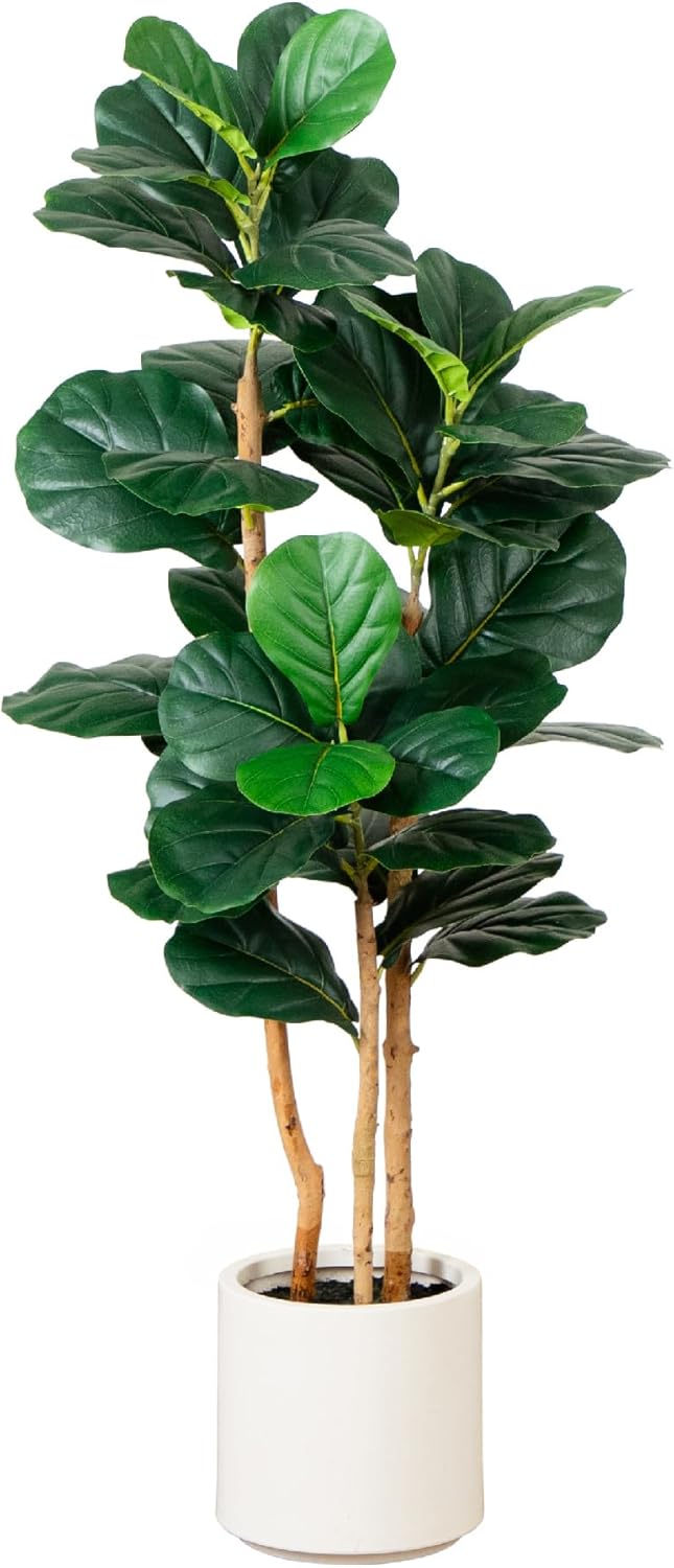 Nearly Natural 4'H Artificial Fiddle Leaf Tree With Decorative Planter, 48inH x 18inW x 18inD, Green/White