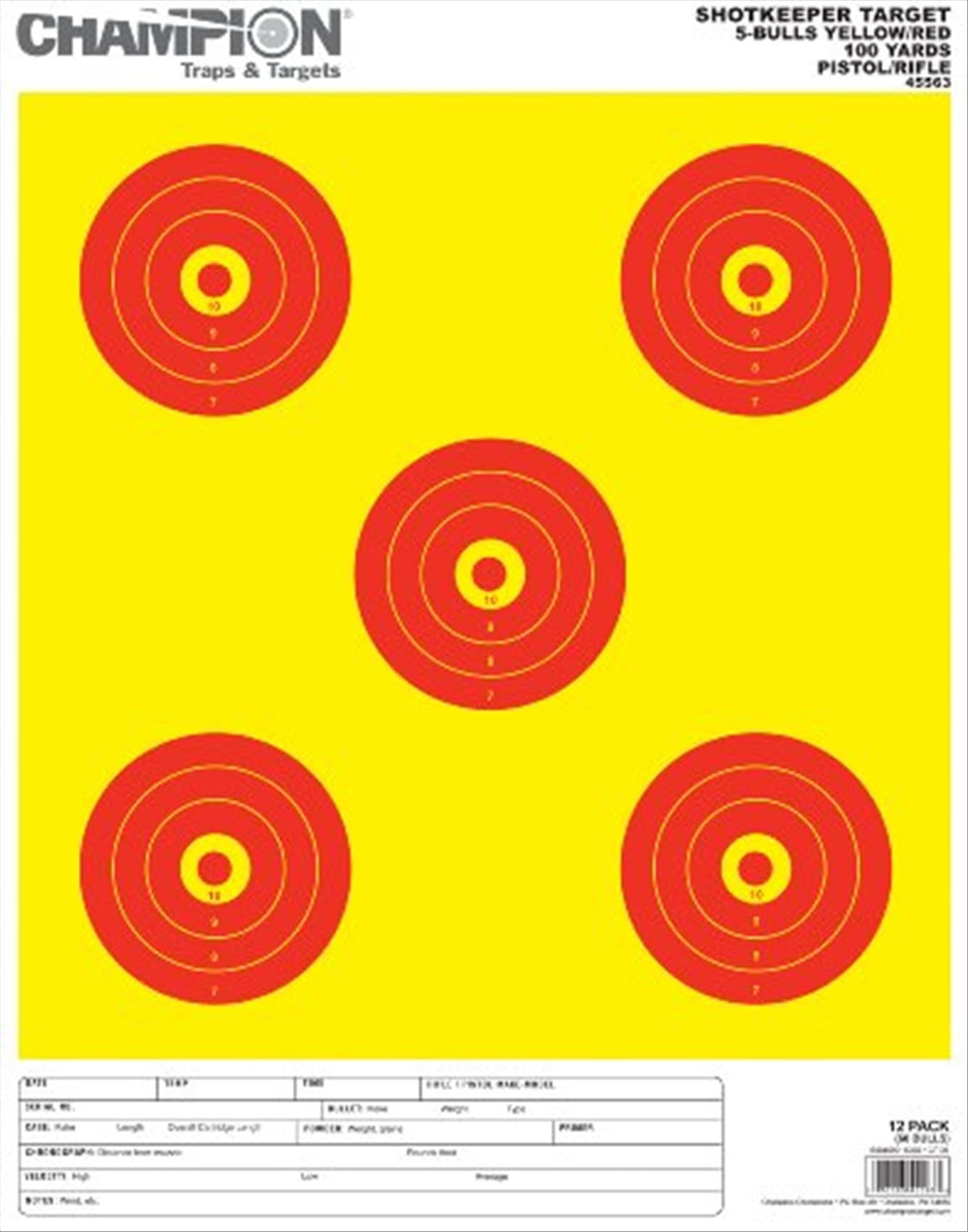 Champion Targets 45562 Shot Keeper 5 Bullseye 100 Yard Pistol/Rifle Targets, Yellow/Red, Small, 12 Pack