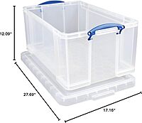 Really Useful Box Plastic Storage Container With Handles/Latch Lid, 28in x 17 5/16in x 12 1/4in, Clear