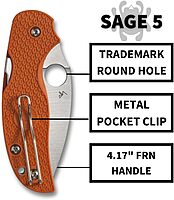 Spyderco Sage 5 Lightweight Folding Pocket Knife with 3 Inch CPM REX 121 Steel Blade and Burnt-Orange FRN Handle - PlainEdge - C123BORP