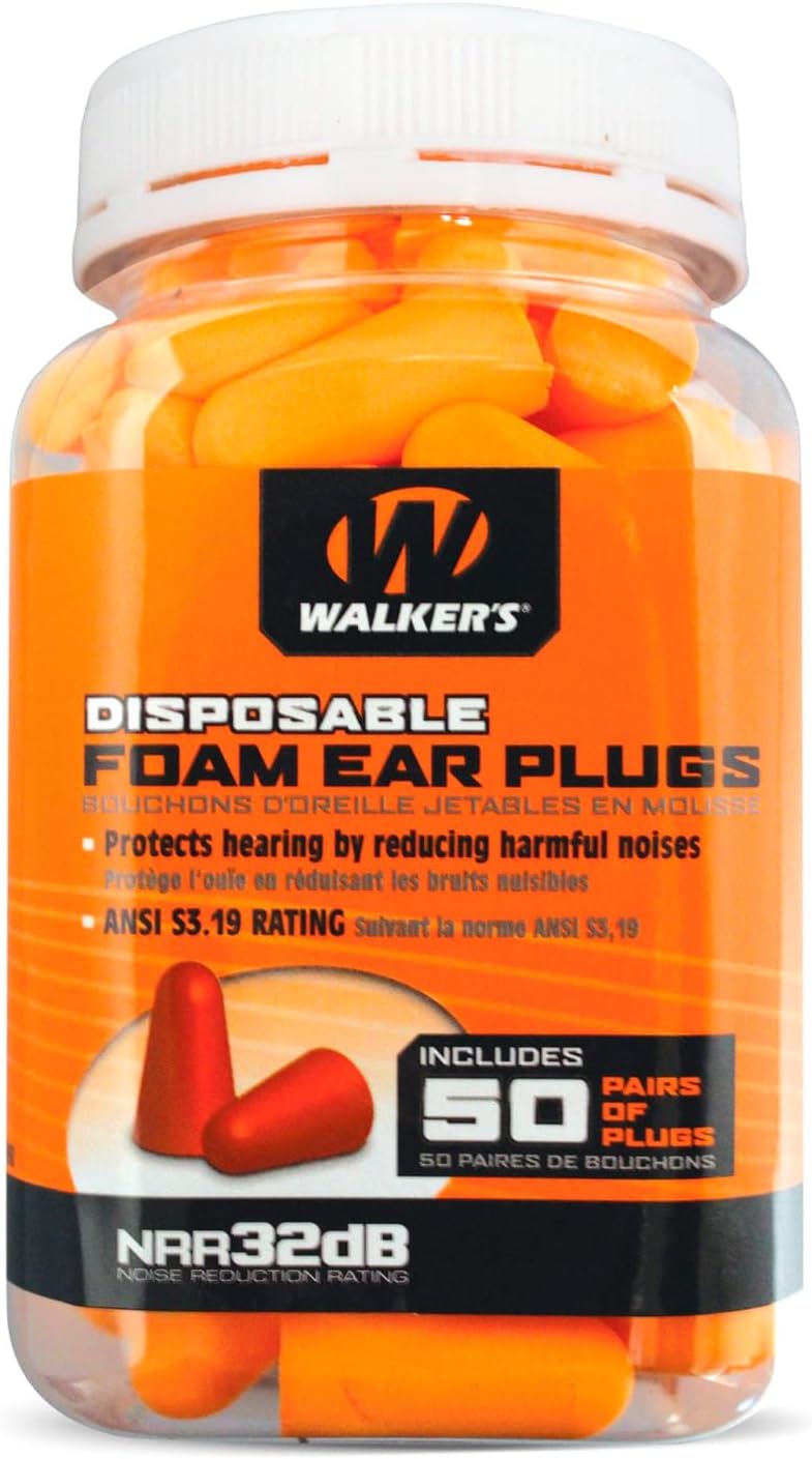 WALKER'S 32dB Noise-Canceling ANSI S3.19 Foam Earplugs, Security Sealed Jar