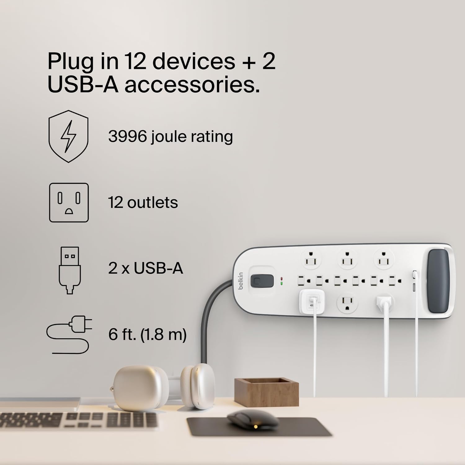 Belkin USB Power Strip Surge Protector - 12 AC Multiple Outlets & 2 USB Ports - 6 ft Long Flat Plug Extension Cord for Home