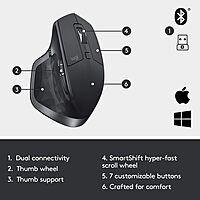 Logitech MX Master 2S Wireless Mouse, Multi-Device, Bluetooth or 2.4GHz Wireless with USB Unifying Receiver, 4000 DPI Any Surface Tracking, 7 Buttons, Fast Rechargeable, Laptop/PC/Mac/iPad - Graphite