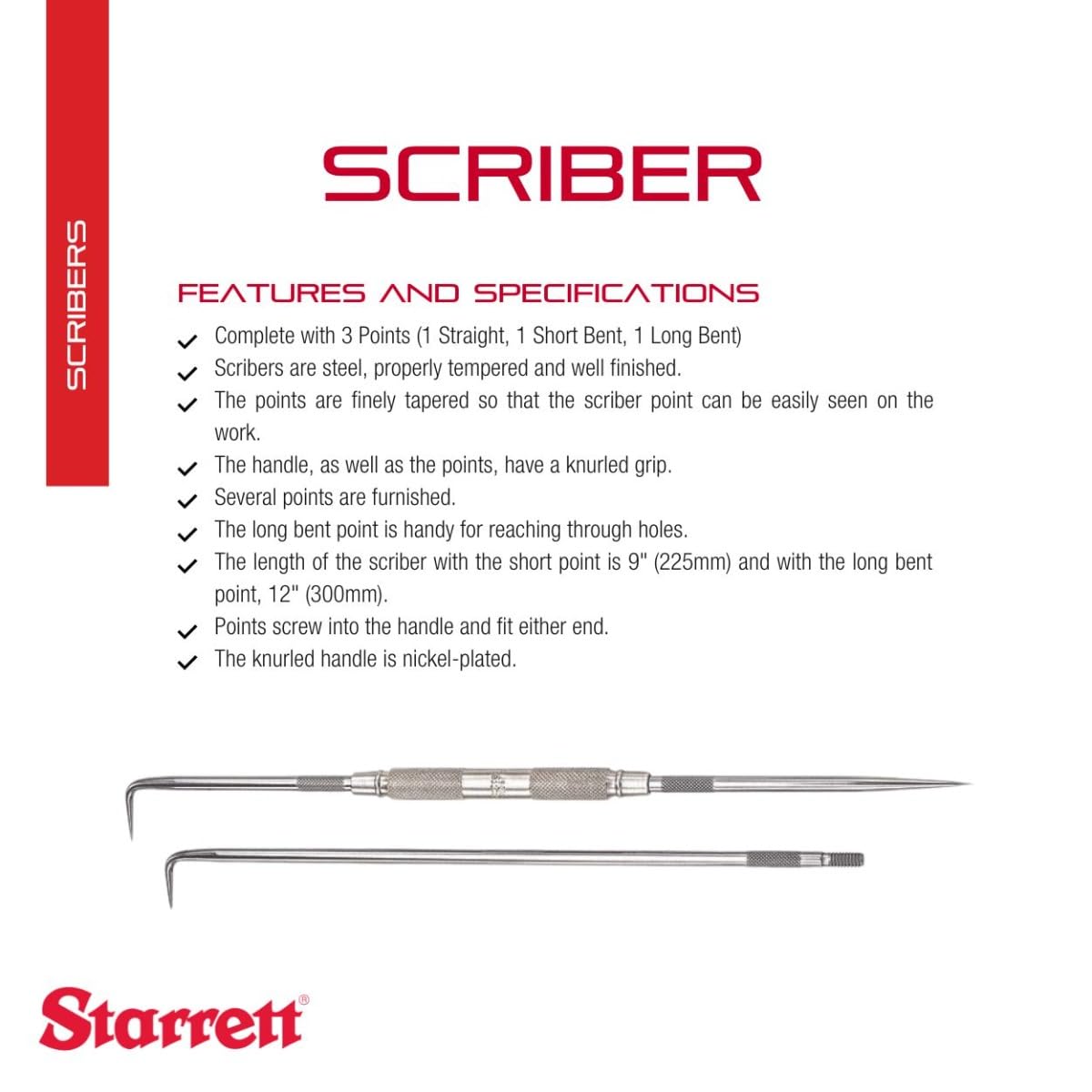 Starrett Improved Scriber with Knurled Grip and Finely Tapered Points- Steel, 9" Point Length, 1 Straight