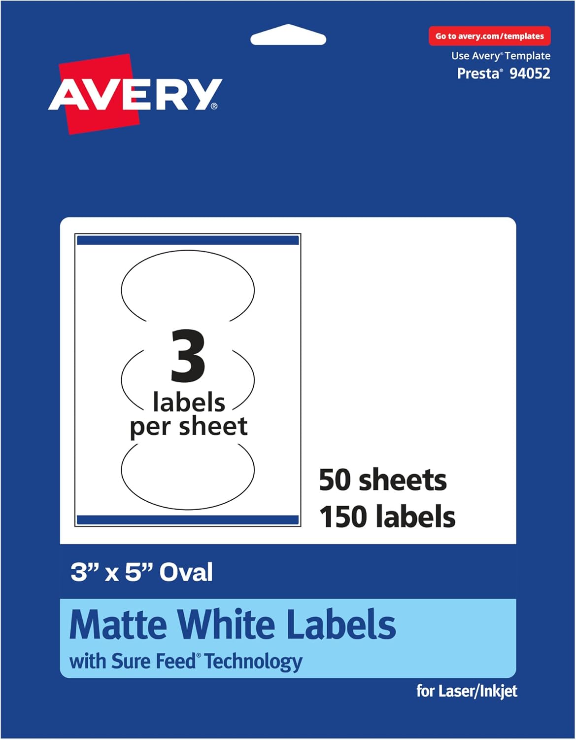 Avery Matte White Oval Labels, Sure Feed Technology, 3" x 5"