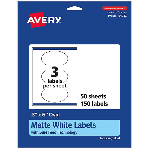 Avery Matte White Oval Labels, Sure Feed Technology, 3" x 5"