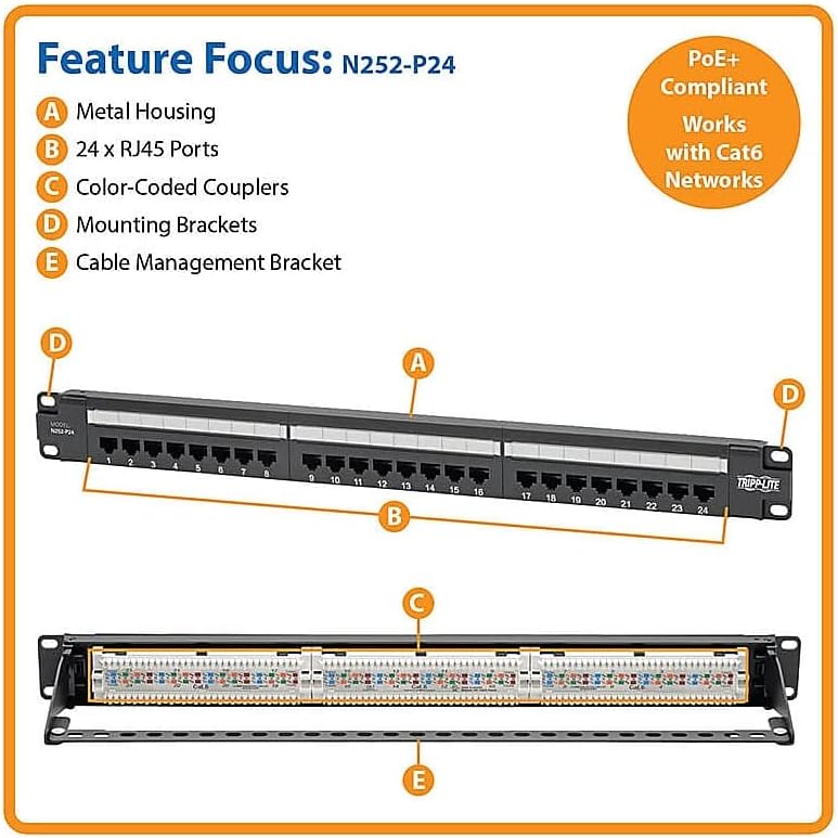 Eaton Tripp Lite Cat6 24-Port PoE+ Patch Panel, RJ45 Ethernet, 1U Rackmount