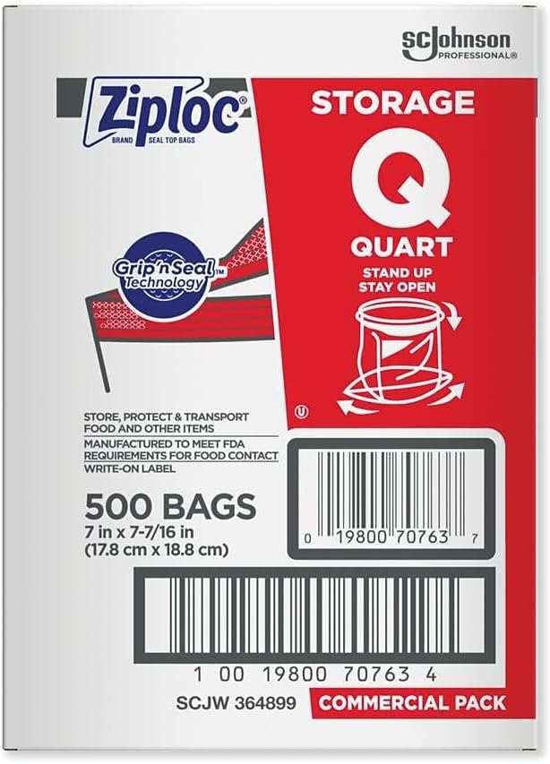 Ziploc Double Zipper Storage Bags, Quart, 500 Bags/Carton (682256)
