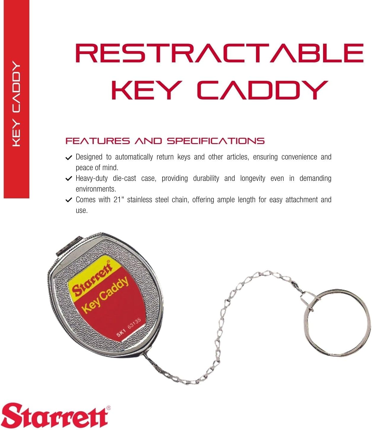 Starrett Key Caddy with 21" Stainless Steel Chain, Heavy-Duty Die-Cast Zinc Case, Large Key Ring, Retractable Design - SK1