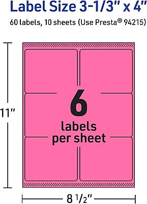 Avery Printable Rectangle Labels, Sure Feed Technology, 3-1/3" x 4", Bright Pink, Laser/Inkjet Printable