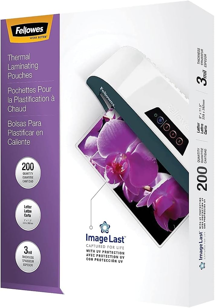 Fellowes Thermal Laminating Pouches, ImageLast, Jam Free Letter Size, 3 Mil, 200 Pack (5244101)