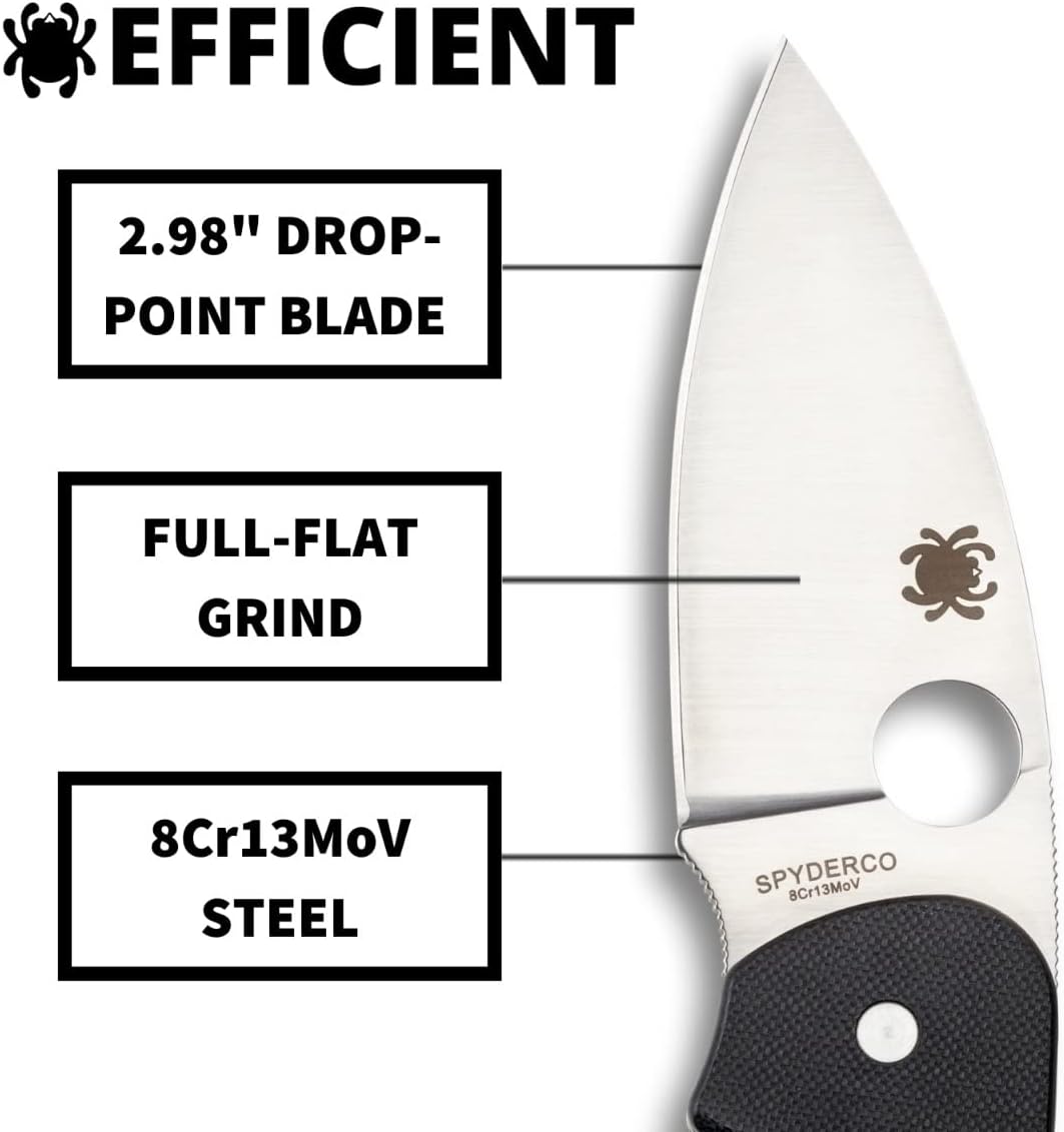 Spyderco Efficient Value Knife with 2.98" Stainless Steel Drop-Point Blade and Durable Black G-10 Handle - PlainEdge