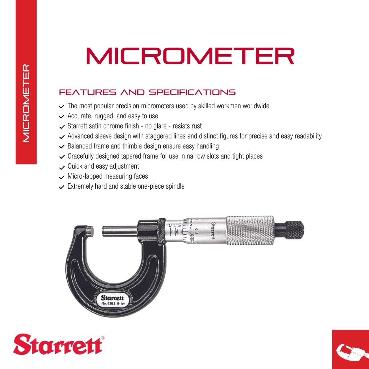 Starrett Outside Micrometer with One-Piece Spindle, Satin Chrome Finish and Advanced Sleeve Design