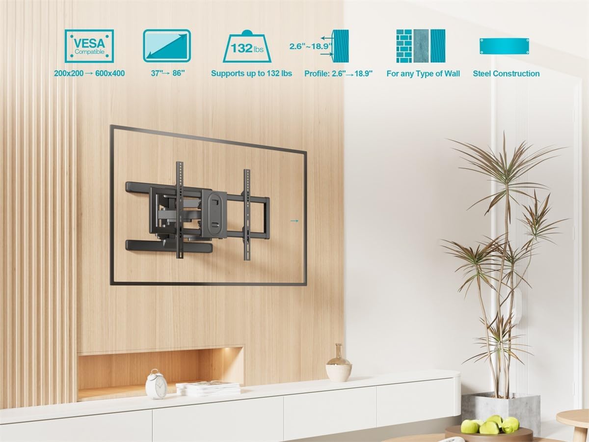 Monoprice Essential Full Motion TV Wall Mount Bracket Low Profile for 37" to 80" TVs up to 99lbs, Max VESA 600x400