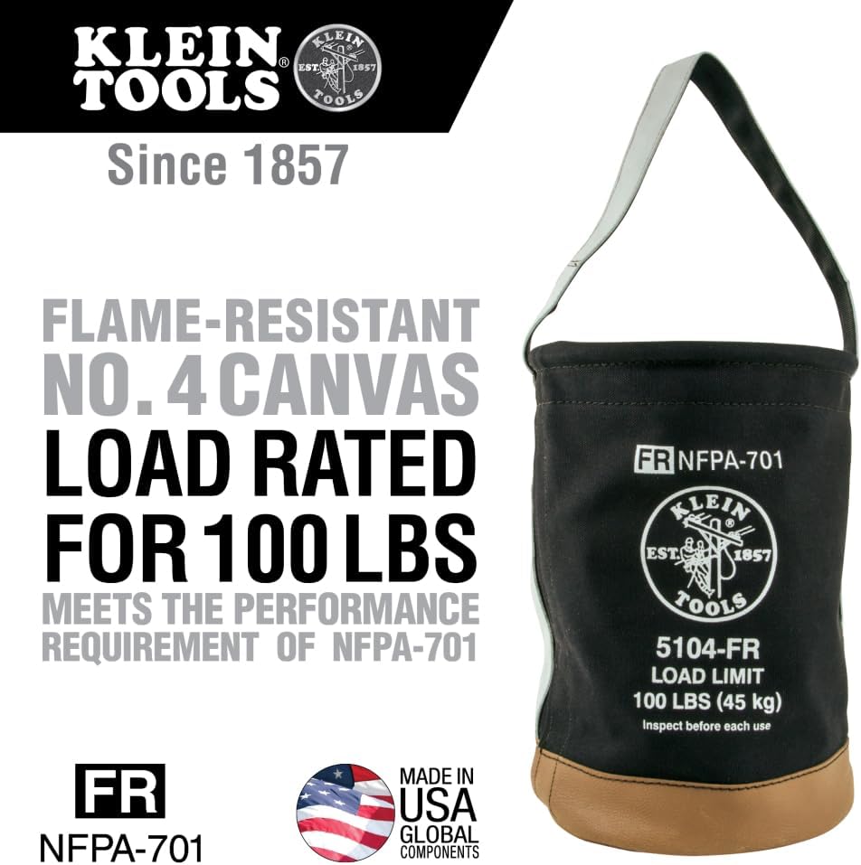 Klein Tools 5104FR Canvas Bucket, Flame-Resistant Tool Bucket Made of No. 4 Canvas, with Double-Reinforced Bottom