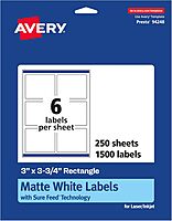 Avery Matte White Rectangle Labels, Sure Feed Technology, 3" x 3.75"
