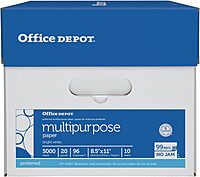 Office Depot Multi-Use Printer & Copy Paper, 10 Reams, White, Letter (8.5in x 11in), 5000 Sheets Per Case, 20 Lb
