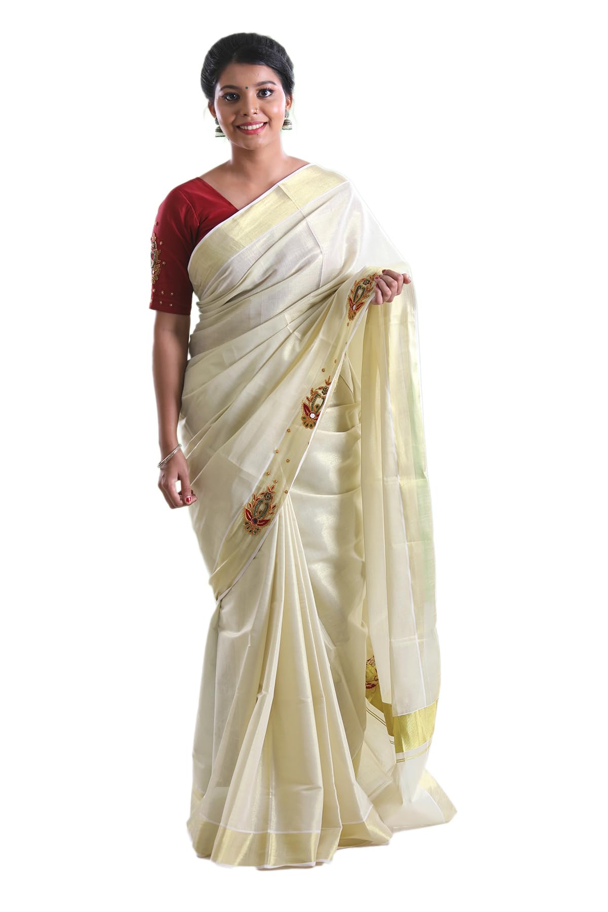 Kuthampully Kerala Kasavu Sarees For Women | Handcrafted Aari work Kerala Sarees | Tissue Onam Saree With Running Blouse | South Indian Sarees | Women's Zari Kasavu | Ekm-510 (Maroon)