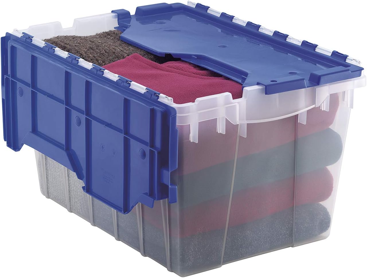Akro-Mils KeepBox 12 Gallon Storage Container, Nesting and Stackable Plastic Tote with Attached Lid, Clear/Blue