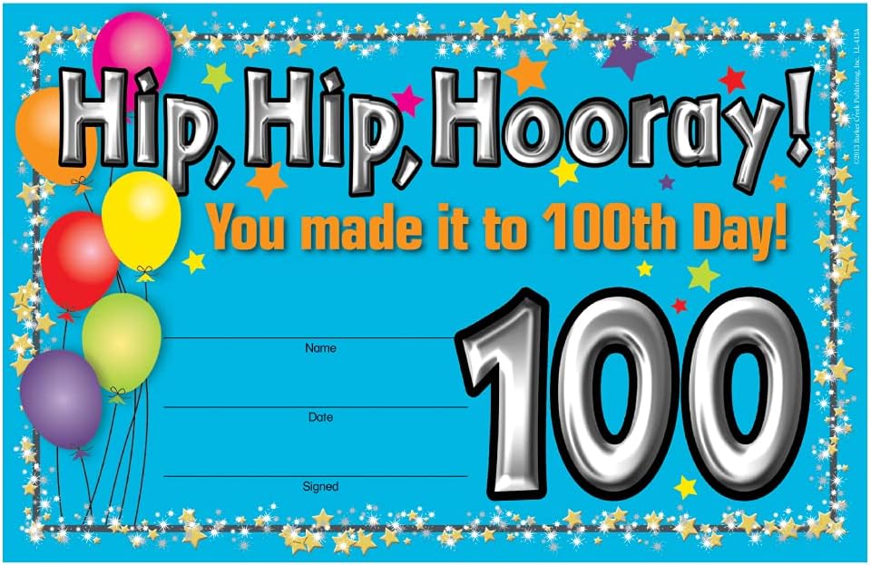 Barker Creek Recognition Awards, 100th Day, Celebrate Student Achievements with These Colorful Awards, 8.5" x 5.5"