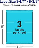 Avery Printable Rectangle Labels, Sure Feed Technology, 3-1/4" x 8-3/8", Bright Blue Labels, Laser/Inkjet Printable, 30 Total, Great for Candles and Jars 30 labels