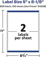 Avery Matte White Rectangle Labels, Sure Feed Technology, 5" x 8-1/8"