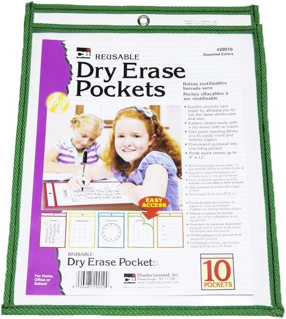 Charles Leonard Dry Erase Pockets, 9" x 12", Assorted Colors, Set of 30 (29030)