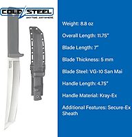 COLD STEEL Recon Tanto 7" VG-10 San Mai Razor-Sharp Blade 4.75" Kray-Ex Handle Military Tactical Fixed Blade Knife