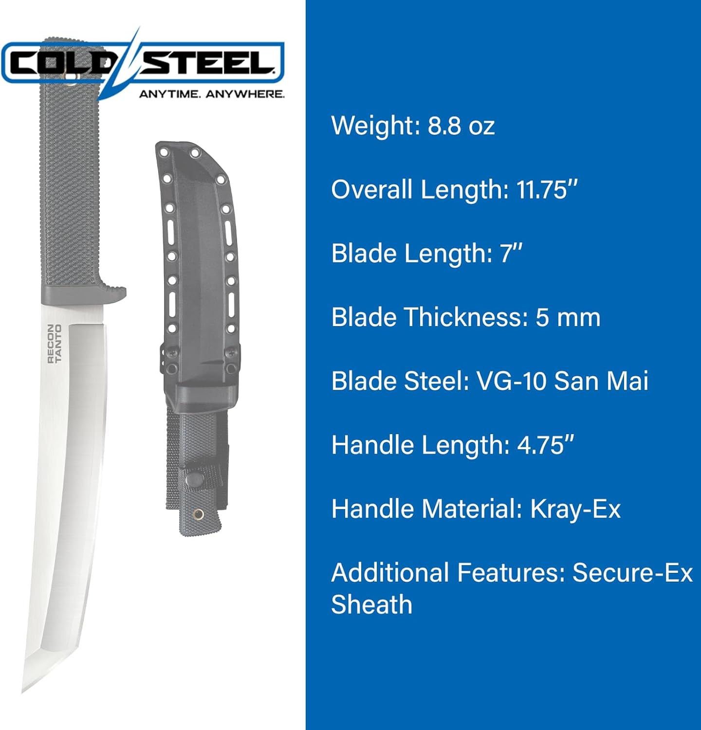 COLD STEEL Recon Tanto 7" VG-10 San Mai Razor-Sharp Blade 4.75" Kray-Ex Handle Military Tactical Fixed Blade Knife