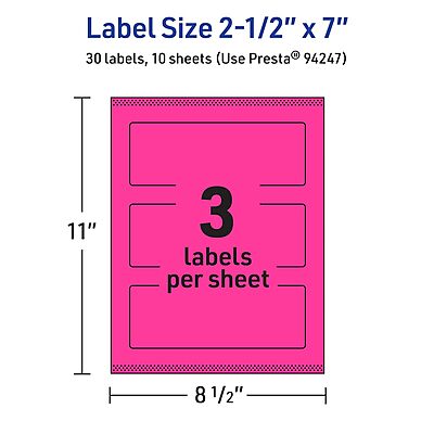 AVERY Printable Rectangle Labels, Sure Feed Technology, 2-1/2" x 7", Neon Magenta, Print-to-The-Edge, Laser/Inkjet Printable