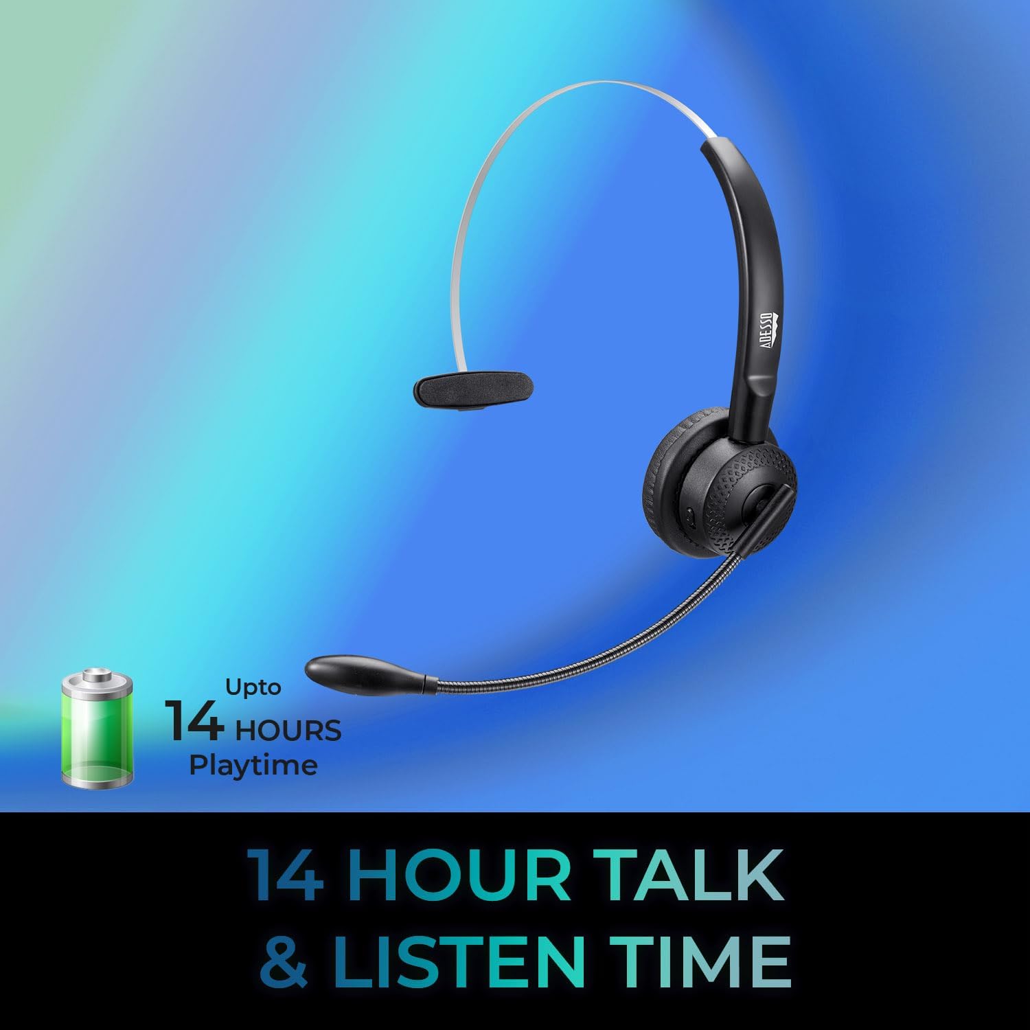 ADESSO Xtream P300 Bluetooth Single Ear Headset with Charging Dock 14 Hour Talk Time Wireless Office Headphone