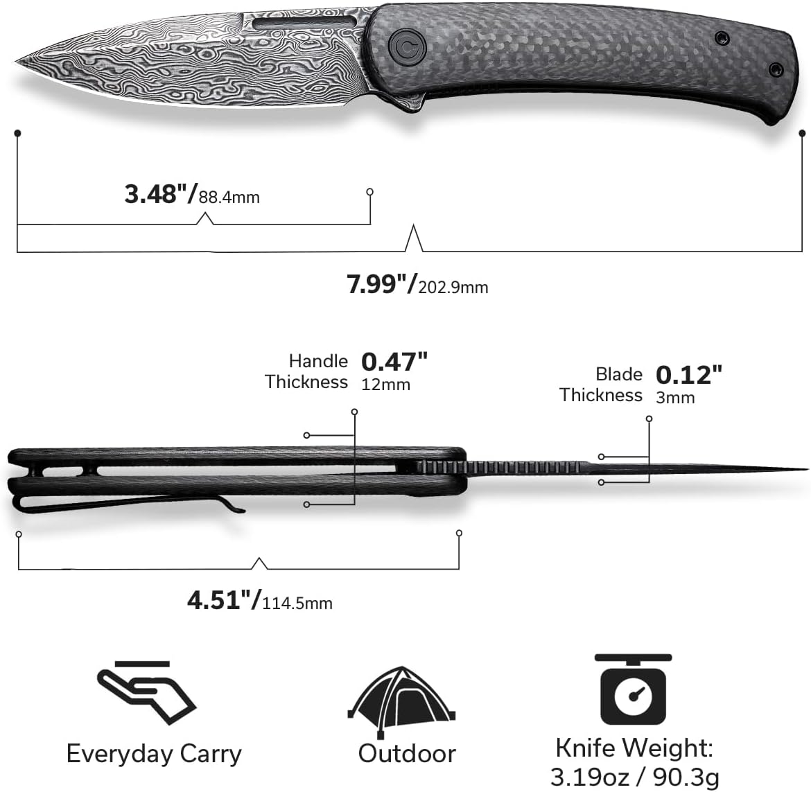 CIVIVI Caetus Pocket Knife for Men,Flipper Knife with 3.48" Damascus Blade Twill Carbon Fiber Handle