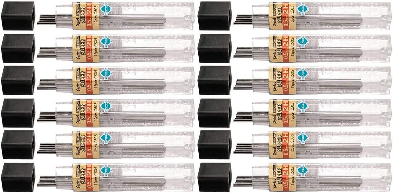 Pentel Super Hi-Polymer Leads, 0.5 mm, 2H, Hard, 12 Leads Per Tube