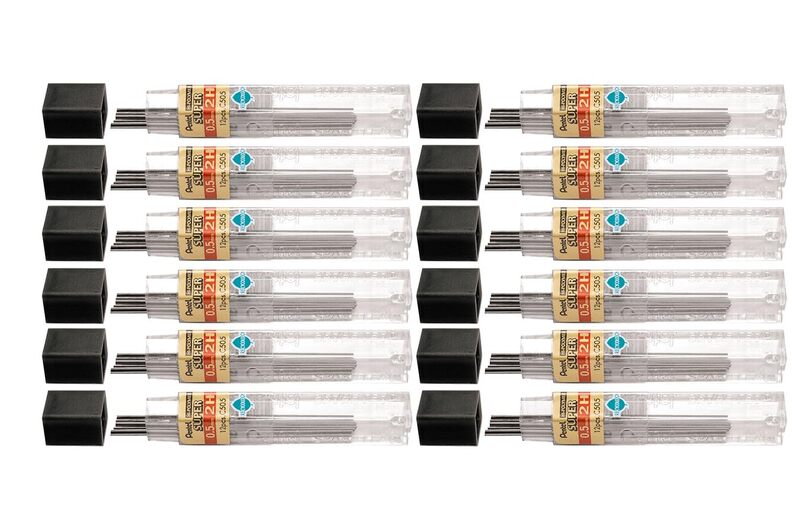 Pentel Super Hi-Polymer Leads, 0.5 mm, 2H, Hard, 12 Leads Per Tube