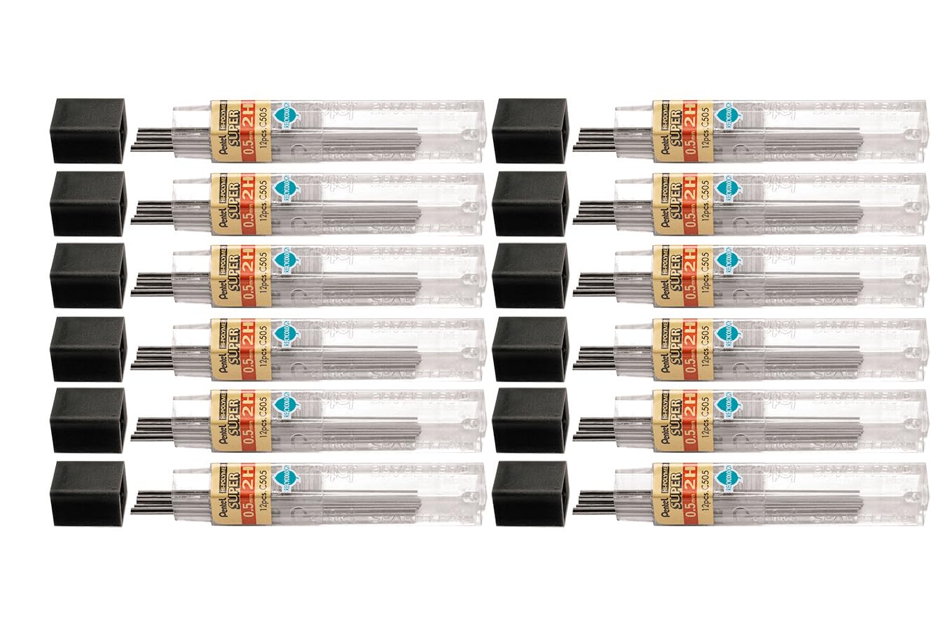 Pentel Super Hi-Polymer Leads, 0.5 mm, 2H, Hard, 12 Leads Per Tube