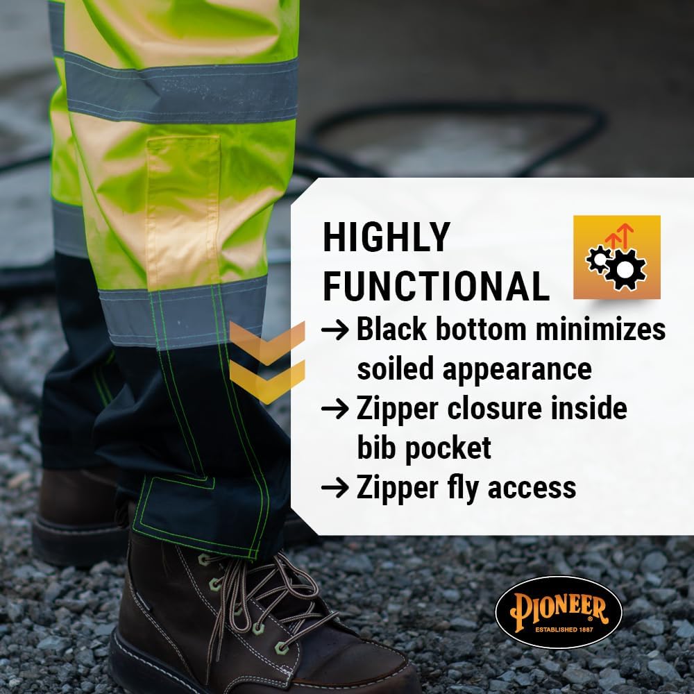 Pioneer Hi Vis Ripstop Waterproof Bib Pants/Overalls for Men - Reflective Safety Work Rain Pants